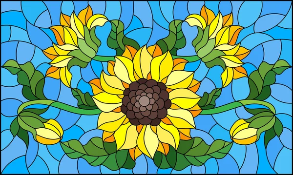 Ilustración en estilo vitral con un ramo de girasoles, flores, brotes y hojas de la flor sobre fondo azul — Archivo Imágenes Vectoriales