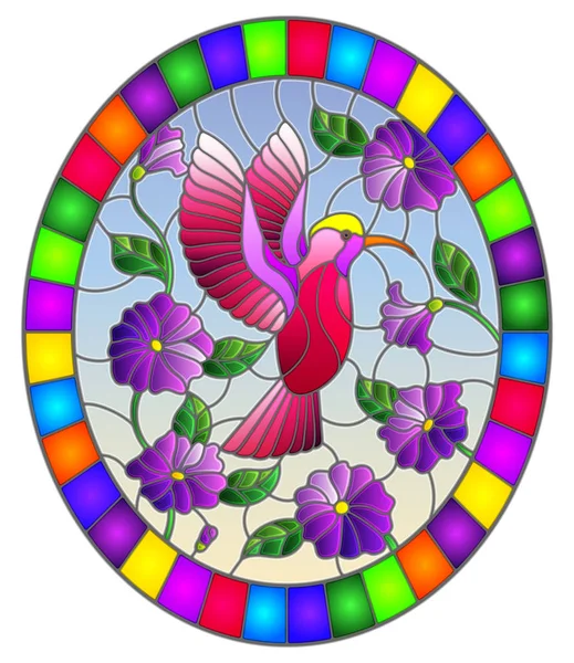 Illustrazione in stile vetrate con un ramo di fiori viola e brillante uccello rosa Hummingbird su uno sfondo blu, immagine rotonda in cornice luminosa — Vettoriale Stock
