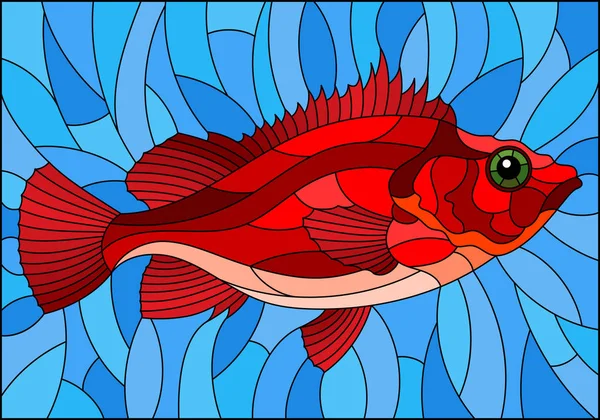 Illustration in stained glass style with abstract red sea bass on blue background — Stock Vector