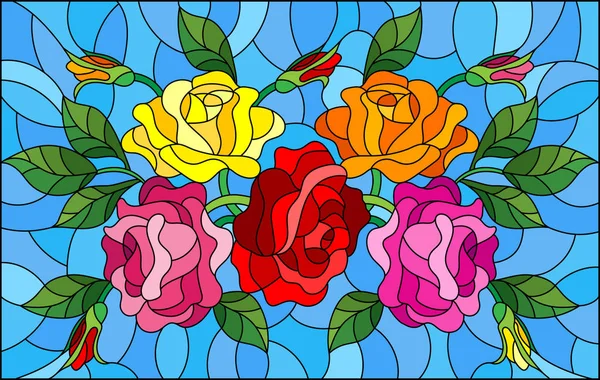 Illustratie in gebrandschilderd glas stijl met bloemen, knoppen en bladeren van rozen op een blauwe achtergrond — Stockvector