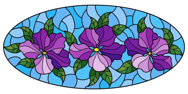 Llustration en vitrail avec des fleurs, des feuilles et des bourgeons de fleurs violettes sur fond bleu, omage ovale — Image vectorielle