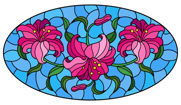 Llustration en vitrail avec des fleurs, des feuilles et des bourgeons de lis roses sur fond bleu, image ovale — Image vectorielle
