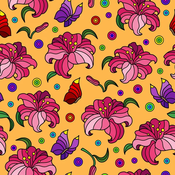 Nahtloses Muster mit Lilien und Schmetterlingen, rosa Blüten auf orangefarbenem Hintergrund — Stockvektor