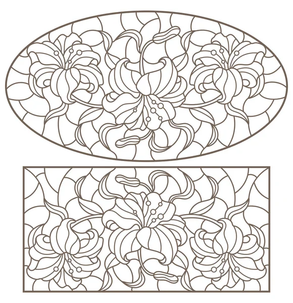 Set di illustrazioni di vetro colorato contorno con mazzi di fiori di giglio, orizzontale orientato, contorni scuri su sfondo bianco — Vettoriale Stock