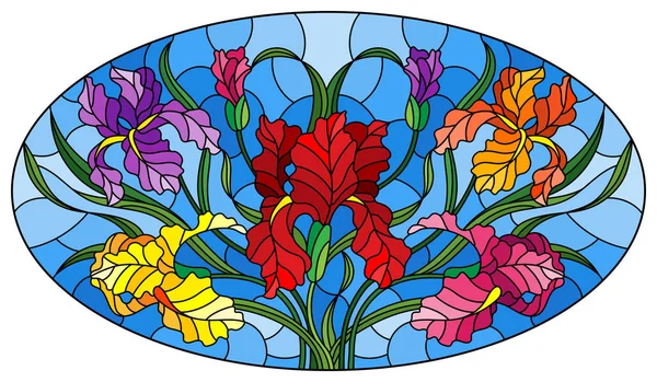 Illustration en vitrail avec bouquet d'iris, fleurs, bourgeons et feuilles sur fond bleu, image ovale — Image vectorielle
