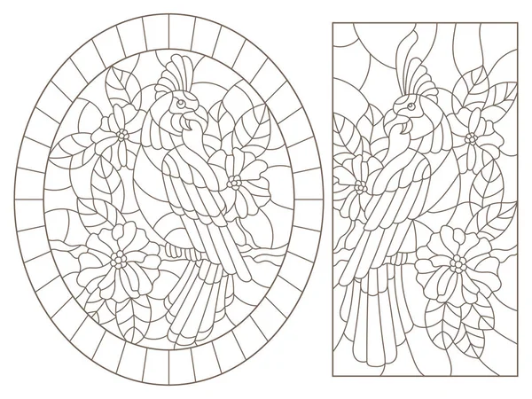 Conjunto de ilustraciones de vidrieras con periquitos en las ramas de las plantas con flores — Vector de stock