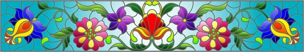 Illustration i färgat glas stil med abstrakta virvlar, blommor och blad på en blå bakgrund, horisontell orientering — Stock vektor