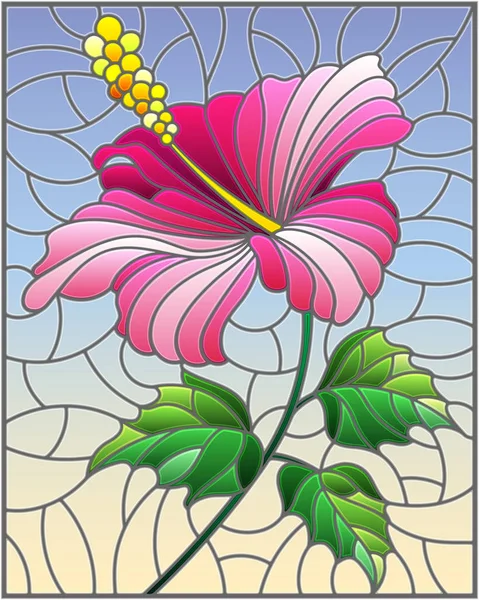 Illustration im Glasmalereistil mit Blume, Knospen und Blättern von rosa Hibiskus auf Himmelshintergrund — Stockvektor