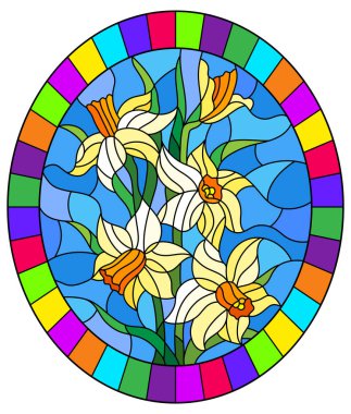 Mavi arkaplanda sarı nergisler ve parlak çerçeve, oval resim