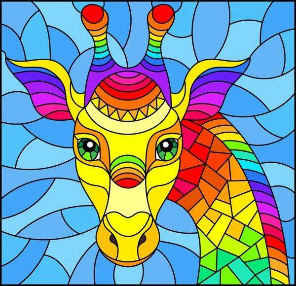 Ilustración en el estilo de vidrieras con cabeza abstracta de jirafa arco iris sobre un fondo azul imagen rectangular — Vector de stock