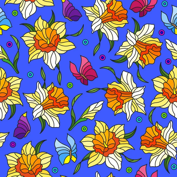 Nahtloses Muster mit gelben Narzissen und Schmetterlingen, rosa Blüten auf blauem Hintergrund — Stockvektor