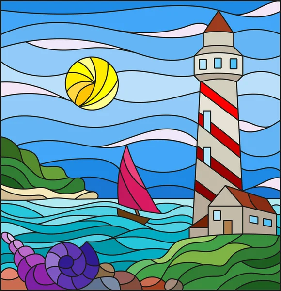 海と晴れ空を背景に海、灯台、帆船が描かれたステンドグラス風のイラスト — ストックベクタ