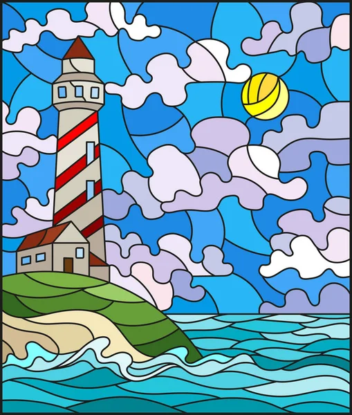 Ilustrace ve stylu barevného skla s mořskou pláštěnkou, majákem na pozadí moře a slunečnou oblohou — Stockový vektor
