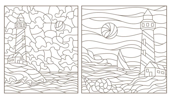 Conjunto de ilustraciones de contorno de vidrieras con paisajes marinos, faros sobre el fondo del mar y el cielo soleado — Vector de stock
