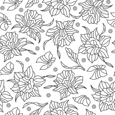 Narsisleri ve kelebekleri olan kusursuz bir desen. Beyaz arka planda koyu renkli çiçekler ve kelebekler.