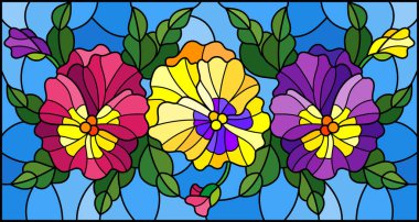 Çiçekler, tomurcukları, yaprak ve çiçek pansy, vitray stiliyle çizimde