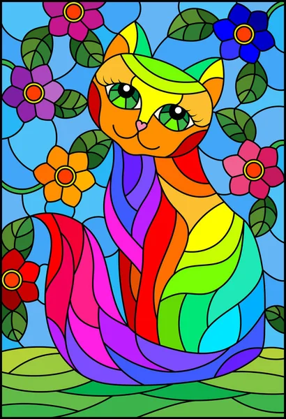 Illustration in stained glass style with a   rainbow cute cat on a background of meadows, bright flowers and sky — Stock Vector