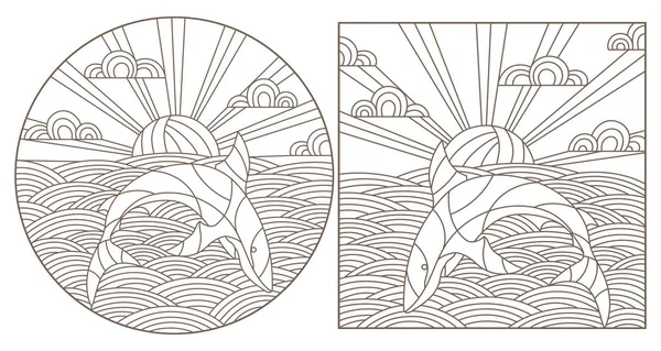 Установите контурные иллюстрации с акулами на волнах и небе, темный контур на белом фоне — стоковый вектор