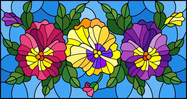 Illustration en vitrail avec des fleurs, des bourgeons, des feuilles et des fleurs de pansy — Image vectorielle