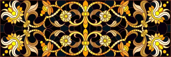 Illustration en vitrail avec ornement floral, imitation or sur fond sombre avec tourbillons et motif floral — Image vectorielle