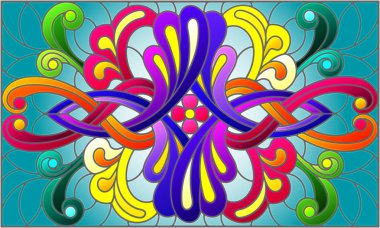 Mavi arka planda soyut girdaplar, çiçekler ve yapraklar ile boyalı cam tarzında resim, yatay yönelim