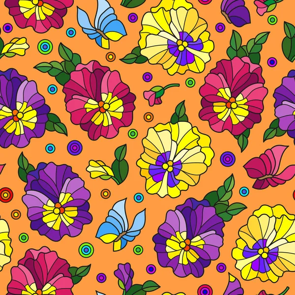 Nahtloses Muster mit Stiefmütterchen und Schmetterlingen, leuchtende Blumen auf orangefarbenem Hintergrund — Stockvektor