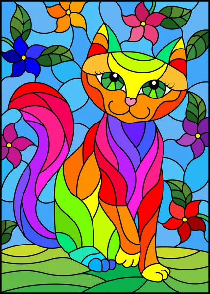 Illustration in stained glass style with a   rainbow cute cat on a background of meadows, bright flowers and sky — Stock Vector