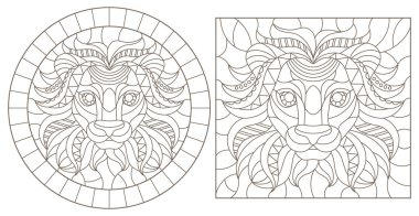 Beyaz arkaplanda aslan başlıklı vitray çizimleri var.