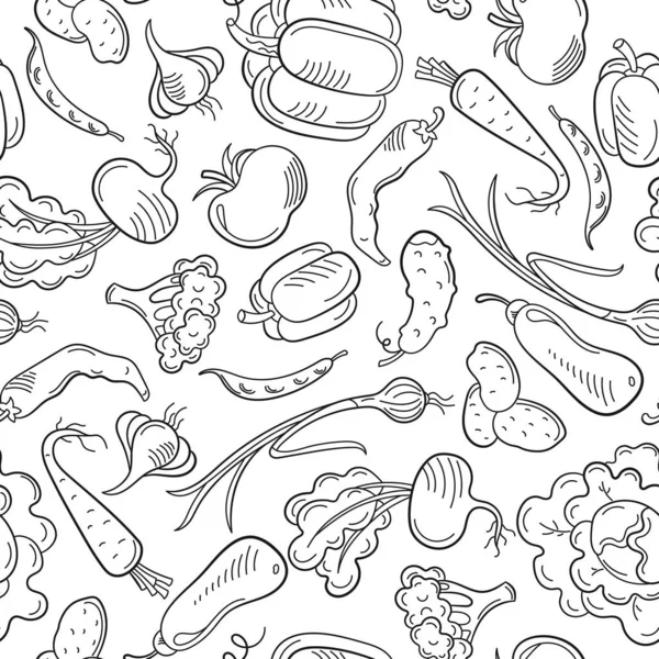 Padrão sem costura sobre o tema de legumes e alimentos saudáveis, ícones de contorno escuro em um fundo branco — Vetor de Stock