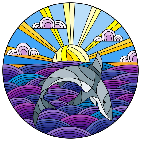 Illustration in Glasmalerei Hai in die Wellen, sonniger Himmel und Wolken, rundes Bild — Stockvektor