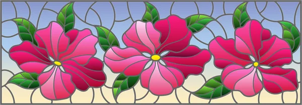 푸른 배경에 핑크 꽃의 잎 과 꽃봉오리와 함께 스테인드글라스 스타일 로화 장하는 모습 — 스톡 벡터