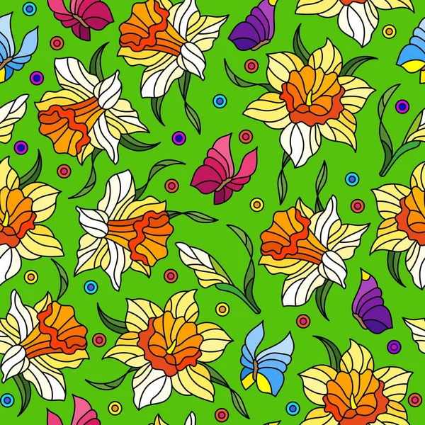 Patrón sin costuras con narcisos amarillos y mariposas, flores rosadas sobre fondo verde — Vector de stock