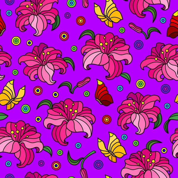 Motif sans couture avec lys et papillons, fleurs roses sur fond violet — Image vectorielle