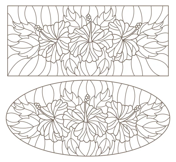 Impostare illustrazioni contorno in stile vetrate con motivo floreale di ibisco, contorno scuro su uno sfondo bianco — Vettoriale Stock