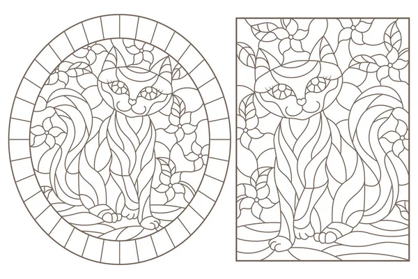Un conjunto de ilustraciones de contorno de vidrieras con gatos sobre un fondo de colores, contornos oscuros sobre un fondo blanco — Vector de stock