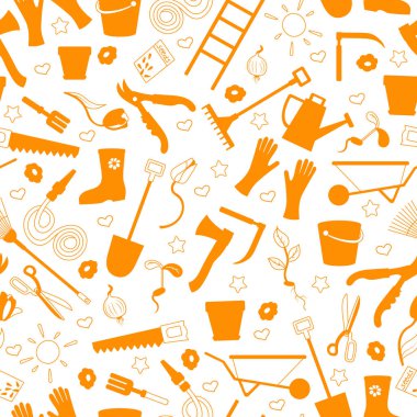 Bahçenin temasındaki pürüzsüz desen, ekme ve büyüyen hasat, basit kontur simgeleri, beyaz arkaplandaki turuncu siluetler.