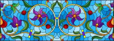 Mavi arka planda soyut girdaplar, çiçekler ve yapraklar ile boyalı cam tarzında resim, yatay yönelim