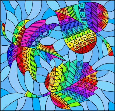 Parlak yanardöner soyut yapraklar ve mavi arkaplanda desenli yapraklarla boyalı cam tarzında bir resim.