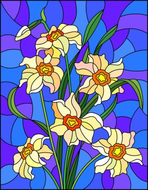 Mavi arkaplan dikdörtgen görüntüsü üzerinde sarı nergis bulunan boyalı cam tarzı bir resim