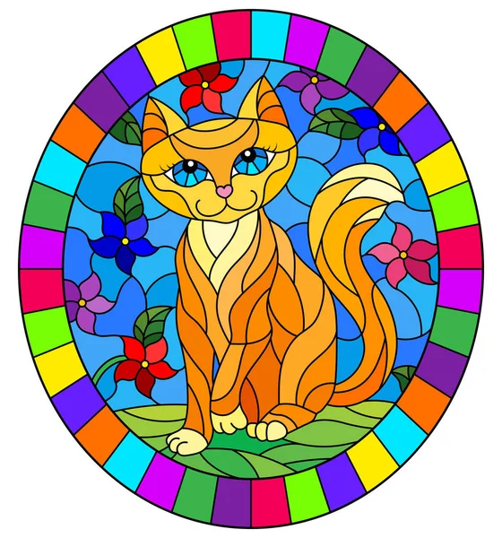 Illustration dans le style vitrail avec un chat mignon rouge sur un fond de prairies, de fleurs vives et de ciel, image ovale dans un cadre lumineux — Image vectorielle