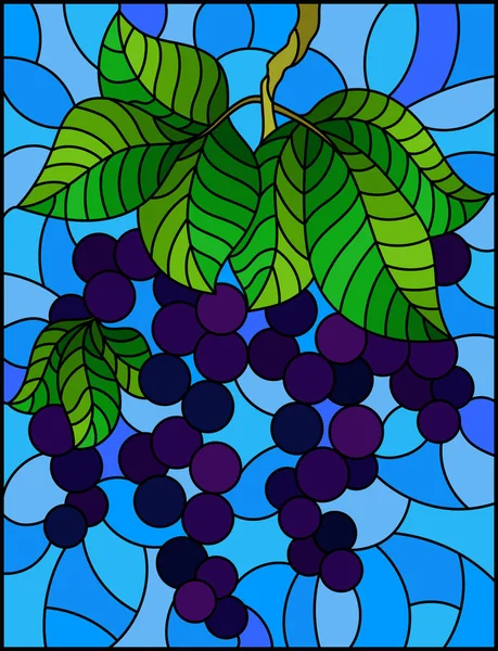 Ilustración en estilo vitral con grosellas negras, racimos de bayas maduras y hojas sobre fondo azul — Archivo Imágenes Vectoriales