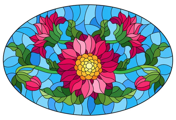 Illustration en style vitrail avec un bouquet d'asters, fleurs, bourgeons et feuilles de la fleur sur fond bleu, image ovale — Image vectorielle