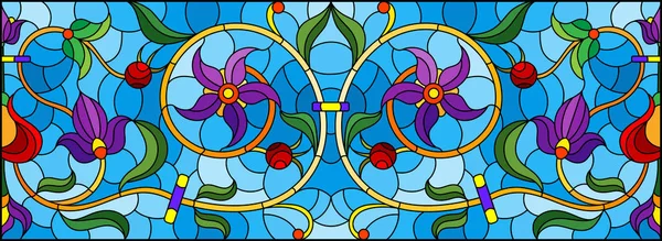 Ilustración en estilo vitral con remolinos abstractos, flores y hojas sobre fondo azul, orientación horizontal — Vector de stock