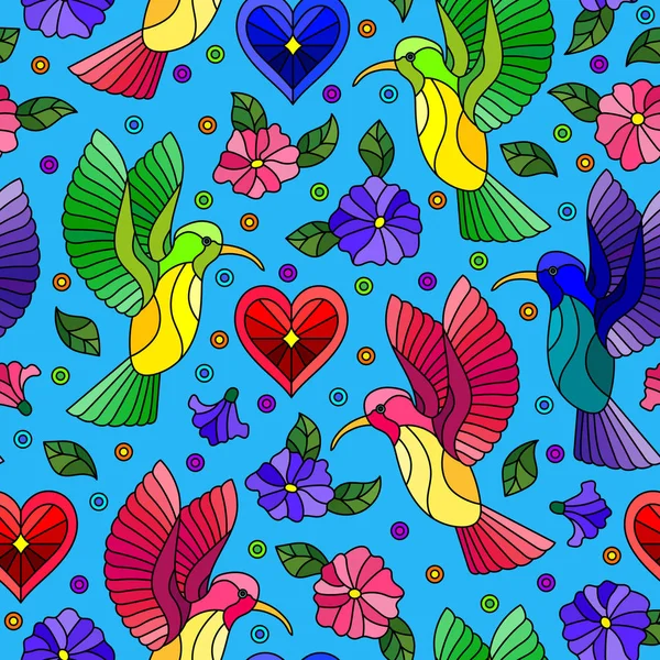 Nahtloses Muster mit hellen Kolibris und Blumen auf blauem Hintergrund — Stockvektor