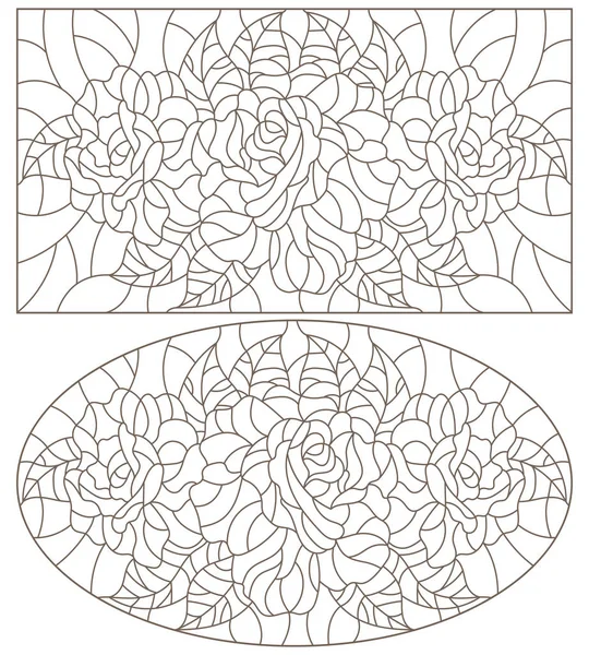 Набор контурных иллюстраций витражей с розами, овальным и прямоугольным изображением, темные контуры на белом фоне — стоковый вектор