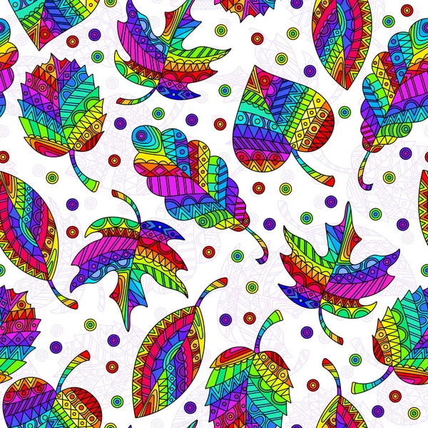 Motif sans couture avec des feuilles abstraites d'arc-en-ciel lumineux, des feuilles d'arbre à motifs sur un fond blanc — Image vectorielle