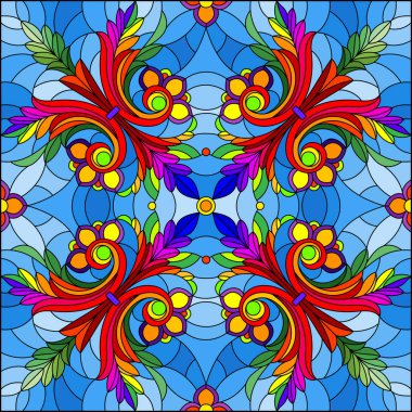 Boyalı cam tarzında resim, çiçek süsleri ve girdaplı ayna görüntüsü, kare resim.