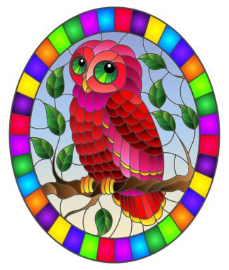 Gökyüzüne karşı bir ağaç dalında duran muhteşem kırmızı baykuşlu boyalı cam bir resim, parlak çerçeveli oval resim