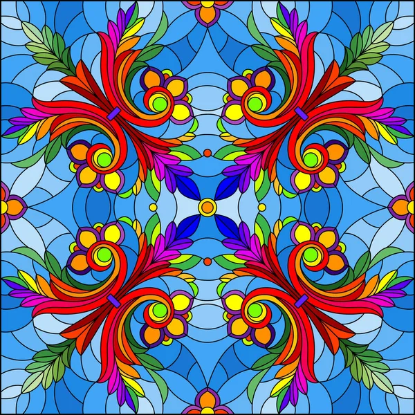 Illustration im Glasmalereistil, Spiegelbild mit floralen Ornamenten und Wirbeln, quadratisches Bild — Stockvektor