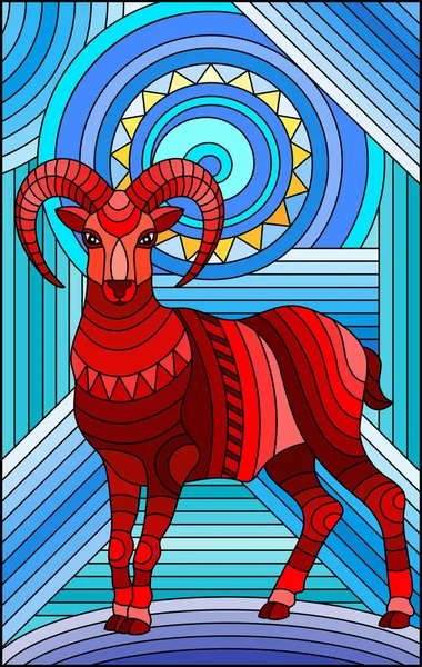 Illustration in stained glass style with abstract geometric red ram and sun  on a blue background — 스톡 벡터